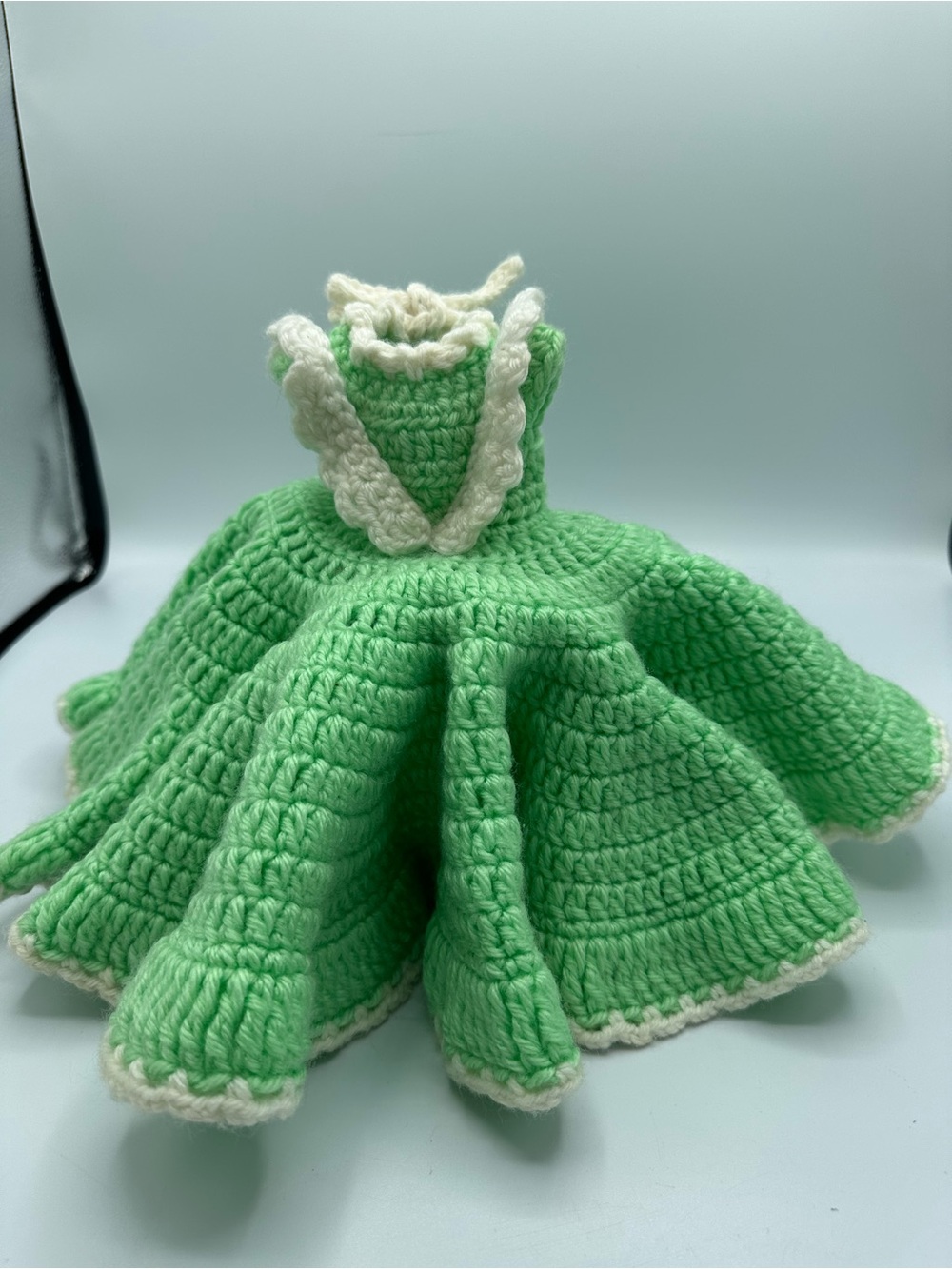 Vintage Crochet 18” Doll Dress Handmade Green & White Granny Core
